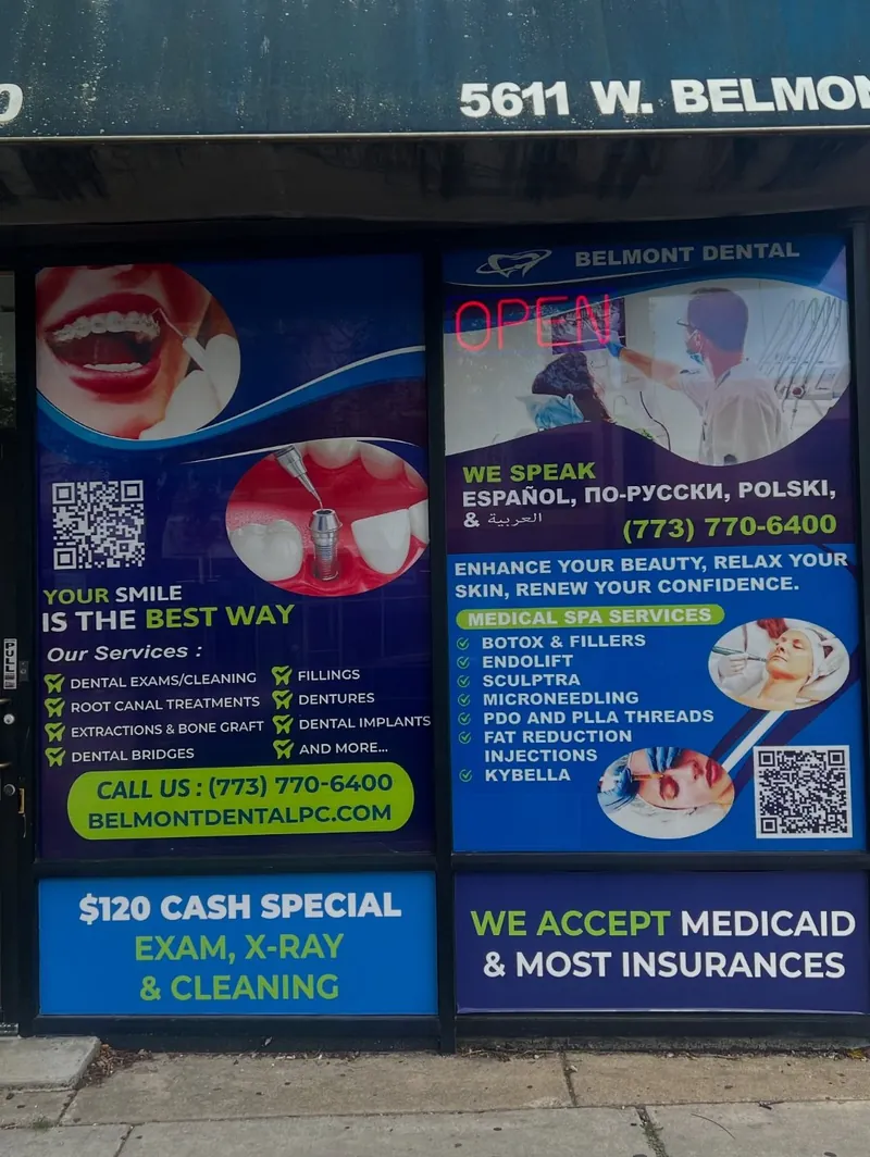 Full storefront of Belmont Dental with printed window graphics for dental services, medical spa services and accepted insurance