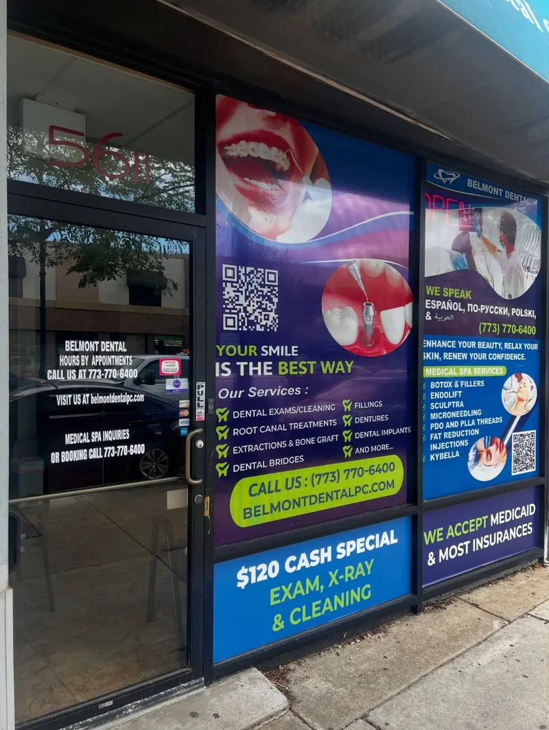 Belmont Dental storefront covered in purple and blue window graphics listing dental and medical spa services and a $120 cash special