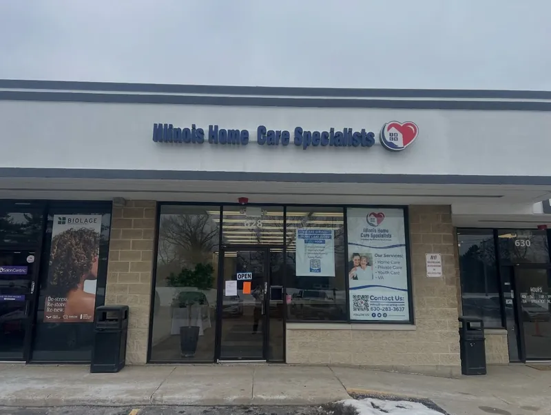 Illinois Home Care Specialists storefront with blue lettering and a red heart logo above the glass entrance