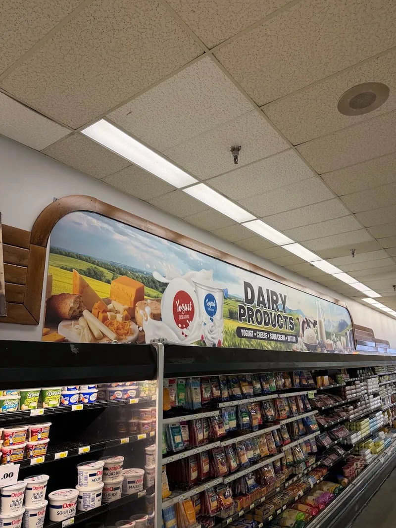 Curved printed Dairy Products banner with farm imagery above a supermarket dairy case